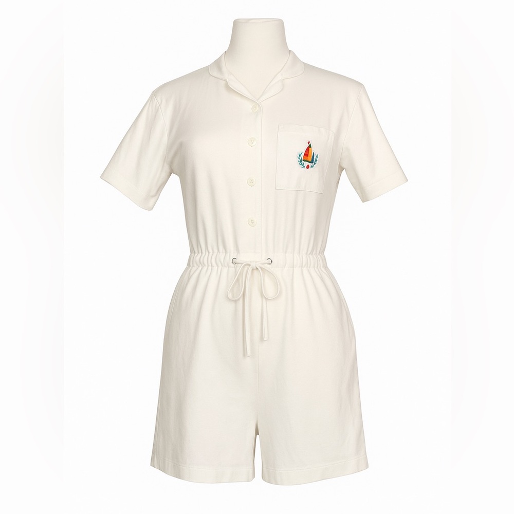 Vintage 80s/90s Charter Club White Cotton Romper Nautical Sailboat Logo Cover Up